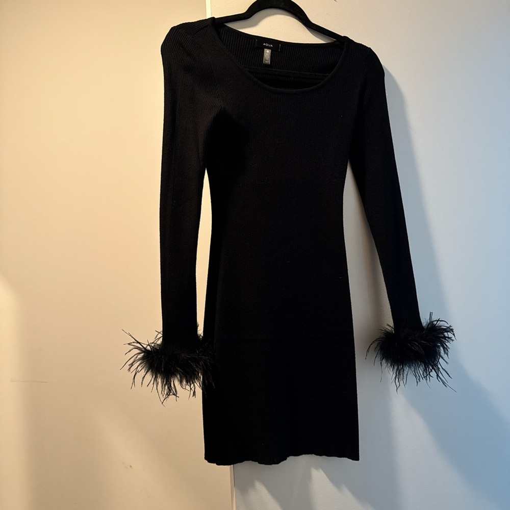 Elegant Black Dress with Feather Cuffs